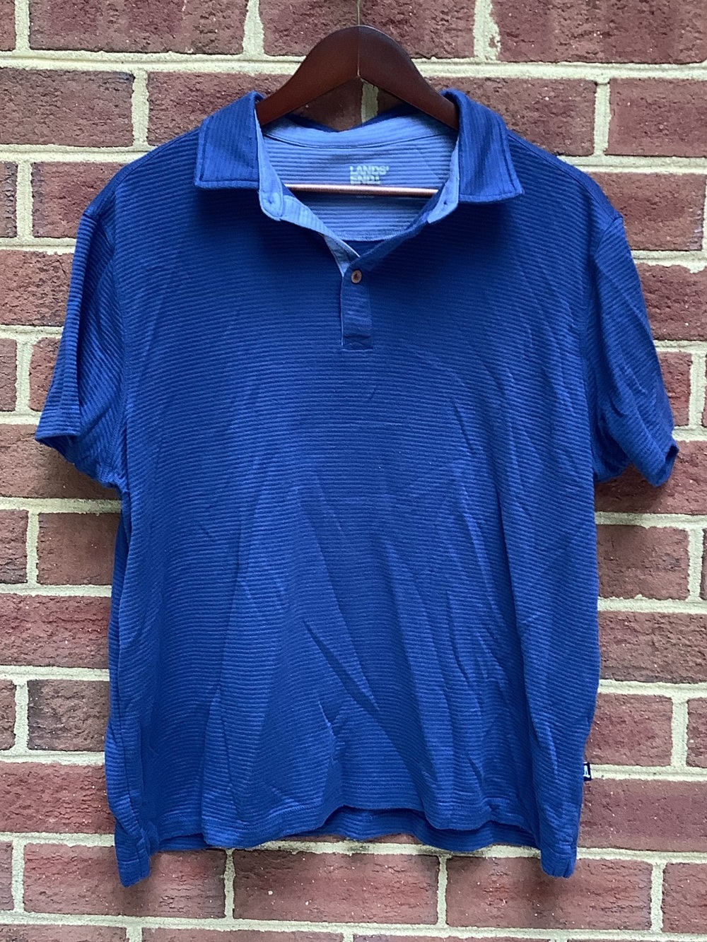 Lands End Men’s Micro Striped Polo Shirt Blue Collared L
